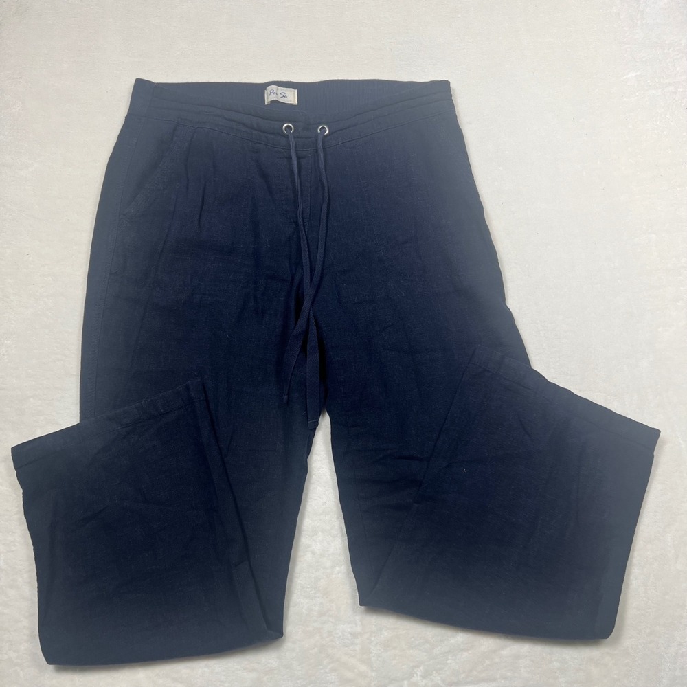 Per Se Navy Blue Linen Blend Drawstring Straight Leg Pants Womens Medium Summer